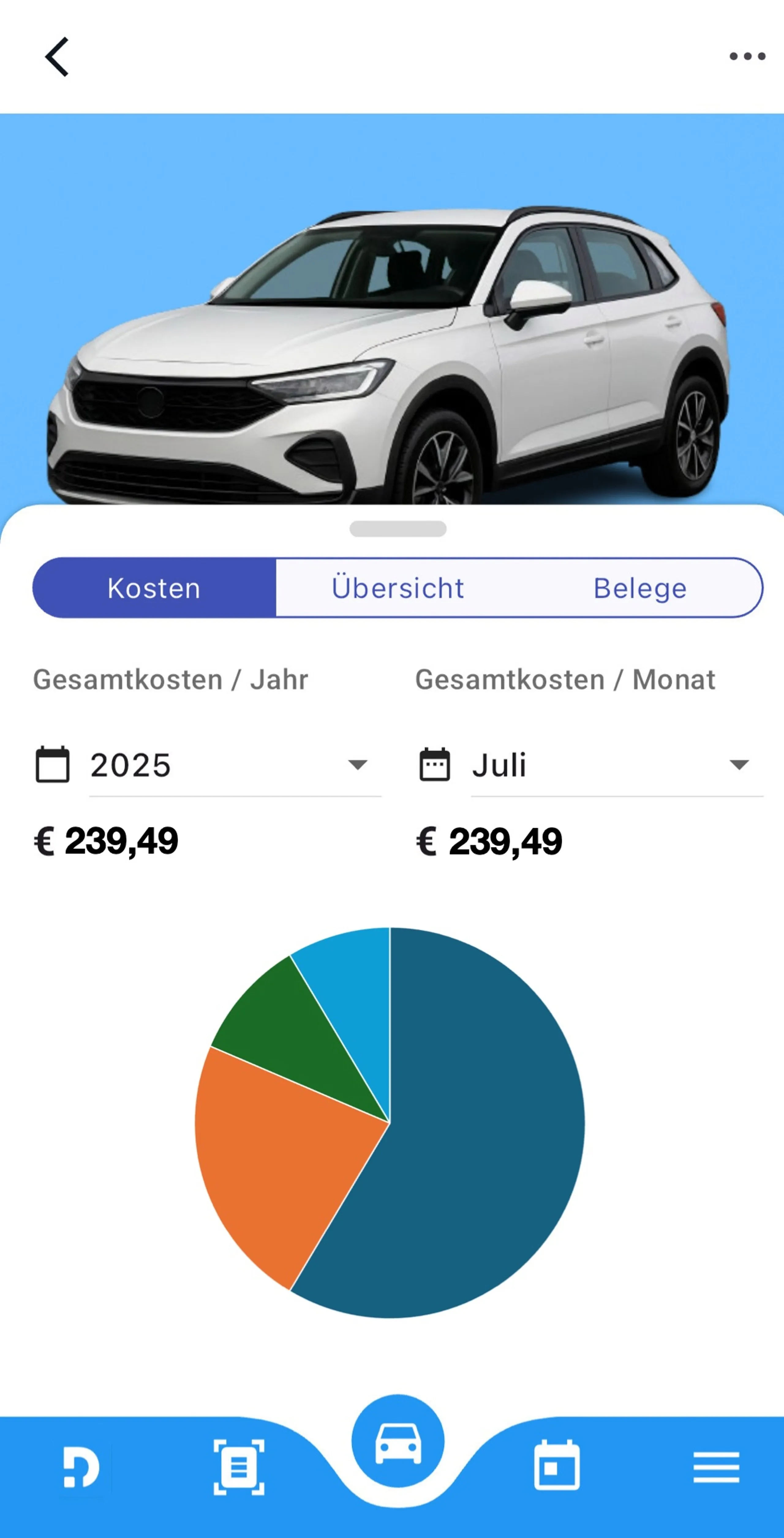 Kostenübersicht in der Drivinger App: Jahres- und Monatssumme mit Kreisdiagramm.