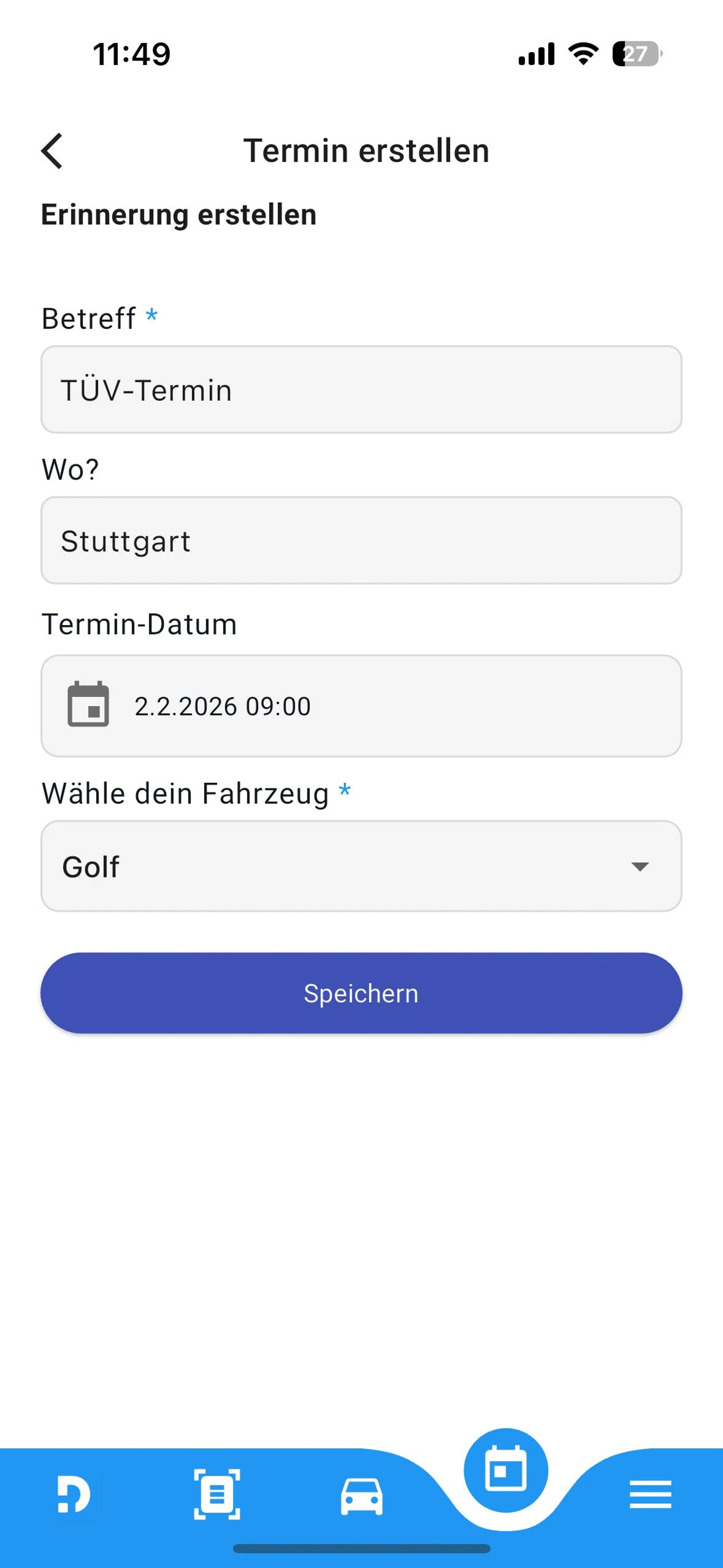 Termin-Erinnerung in der Drivinger App: neuer TÜV-Termin wird angelegt.