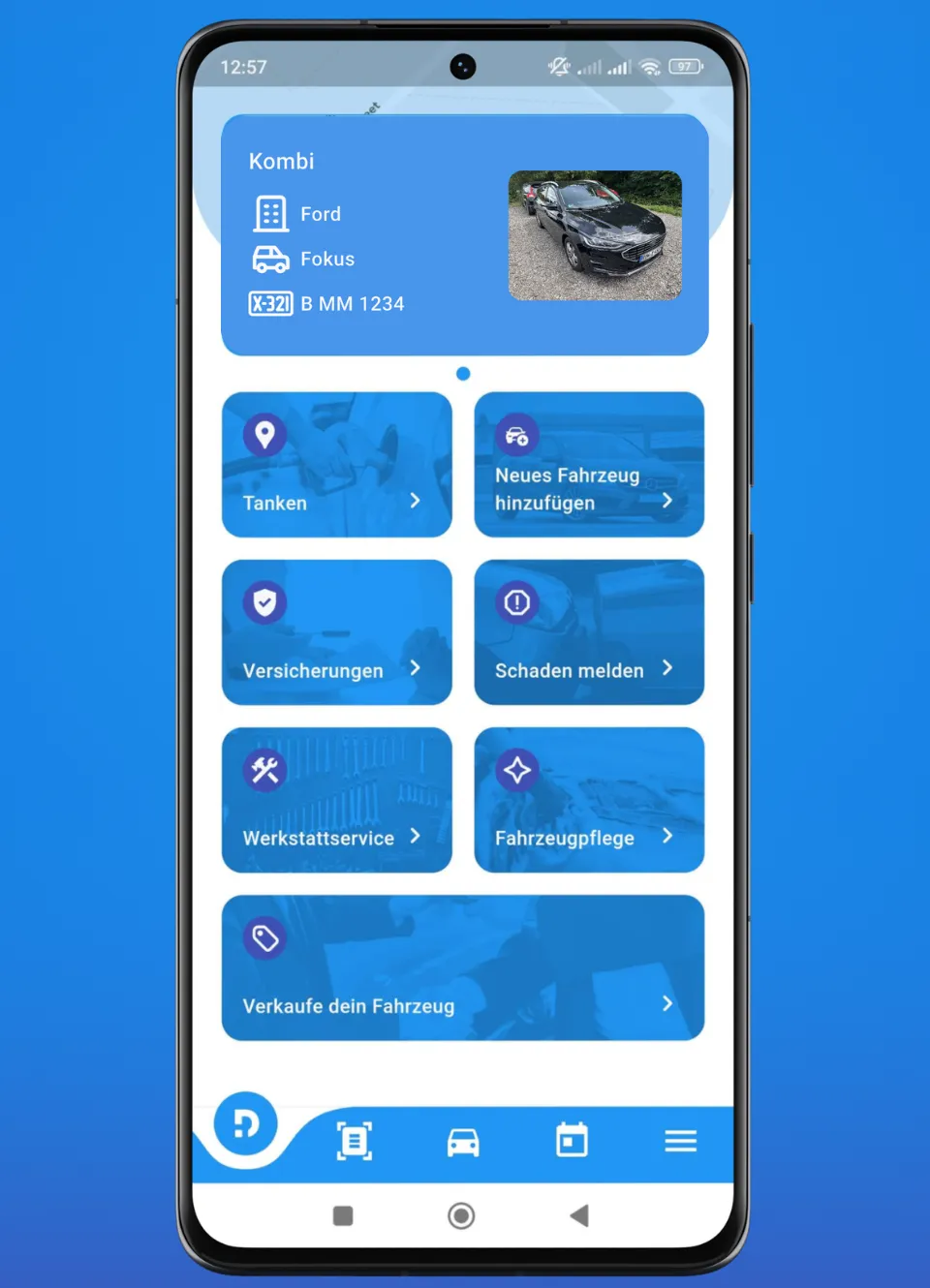 Fahrzeug-Übersicht der Drivinger App mit angelegtem Fahrzeug und Schnellzugriffen.