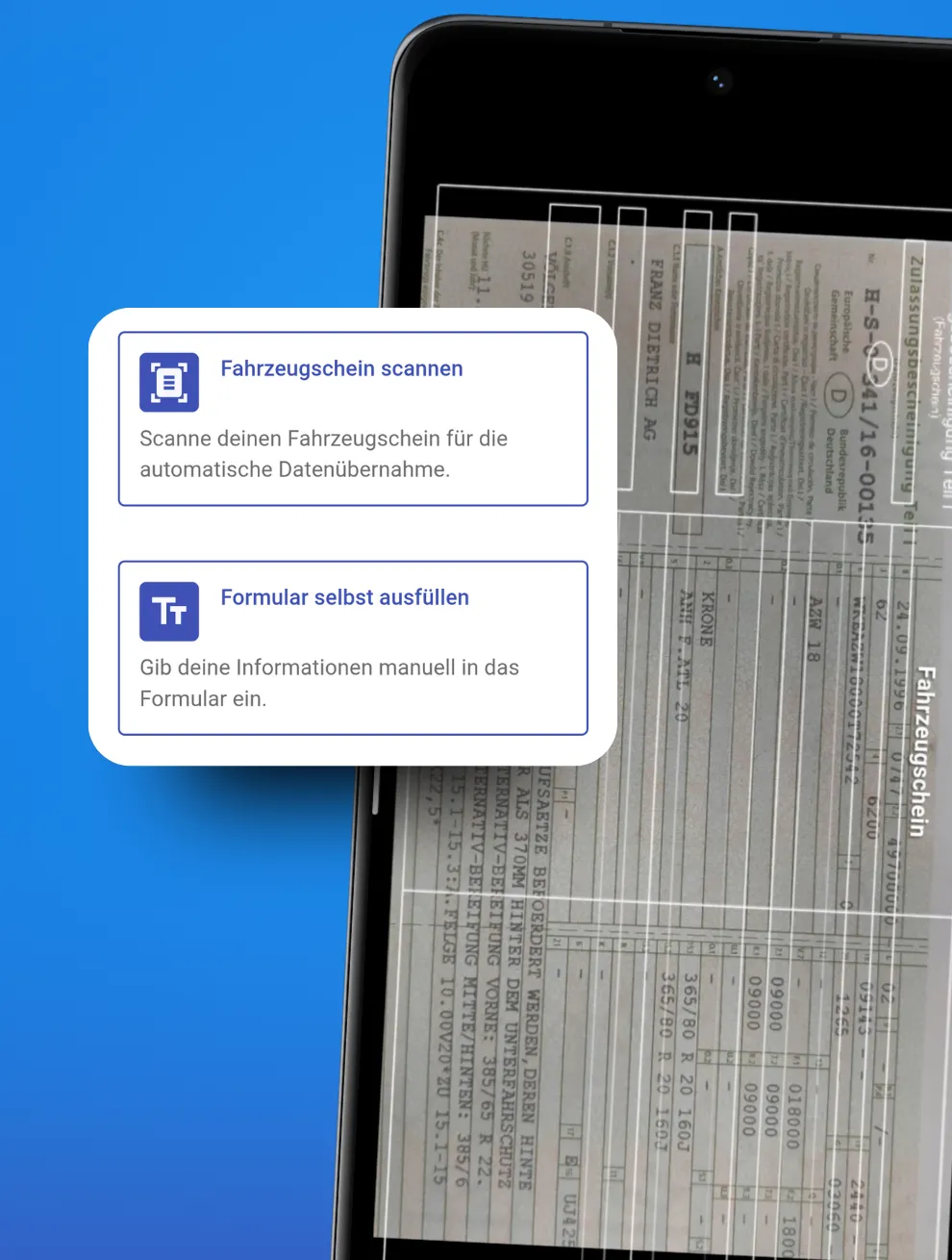 Scan-Ansicht der Drivinger App: Der Fahrzeugschein wird per Kamera erfasst.
