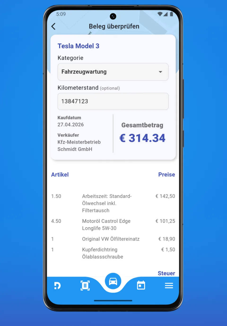 Beleg- und Kostenübersicht der Drivinger App mit aufgeschlüsselten Posten.