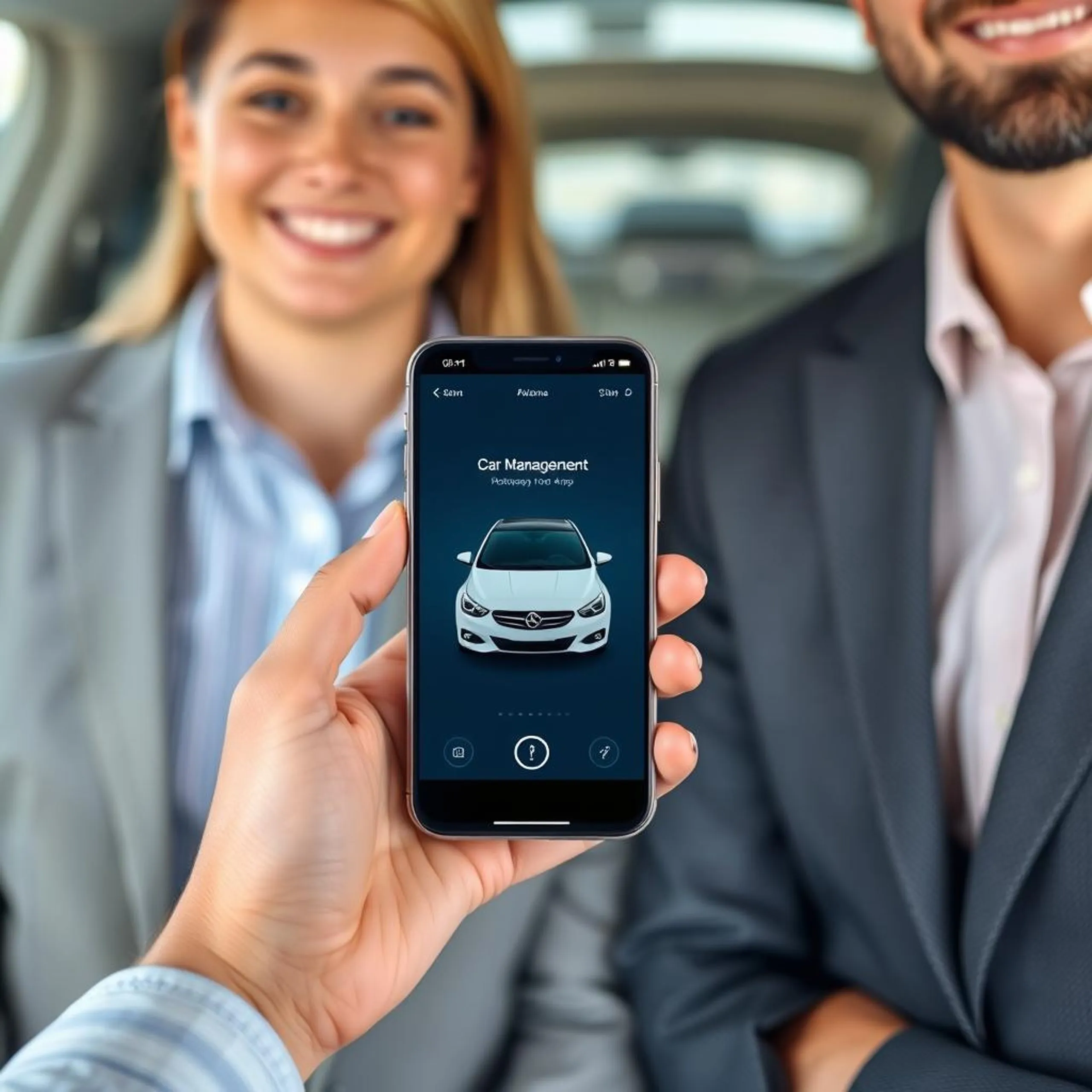 Zwei Personen schauen gemeinsam auf ein Smartphone mit der Fahrzeugübersicht in der Drivinger App.