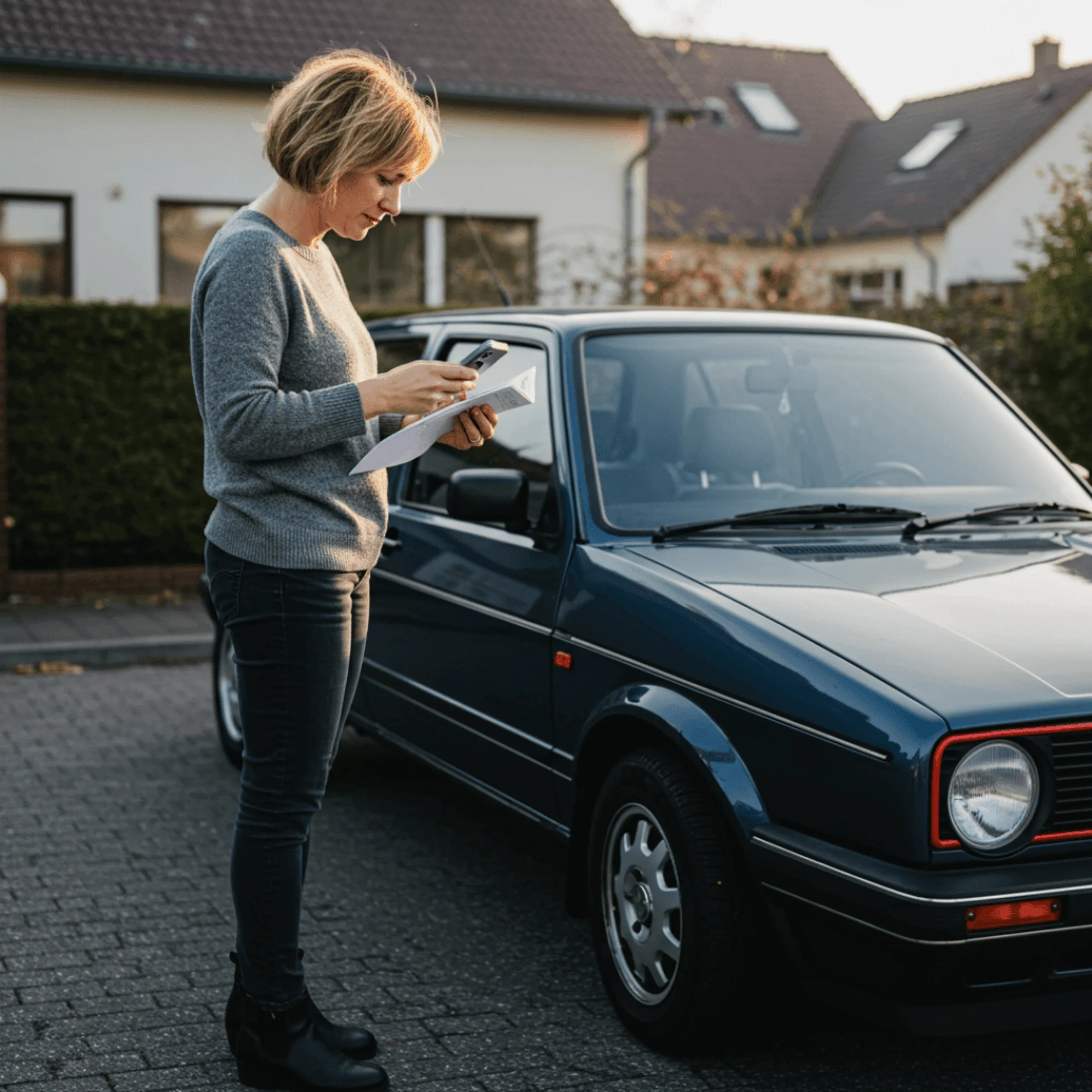 Fahrzeughalterin notiert sich die Daten ihres Autos für den Verkauf.